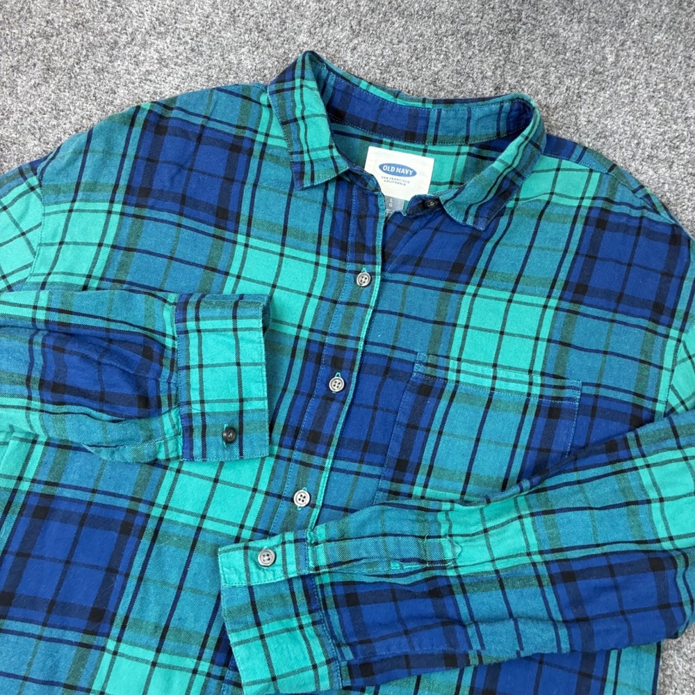 Old Navy Womens Size Large Blue Plaid Flannel Button Down Shirt Long Sleeve